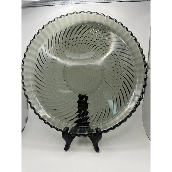 Vtg Libbey 9.5” Dinner Plate Platter Smoke Gray Swirl Diamond Cut Glass Round - Picture 1 of 8
